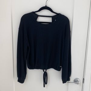 Hollister Black Waffle Knit Cinched Waist Tie Front Open Back Long Sleeve Top